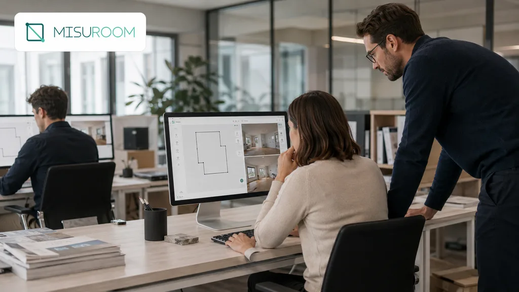 Immagine generata con IA: team di uno studio che rivede insieme planimetria e foto di un progetto su un grande monitor
