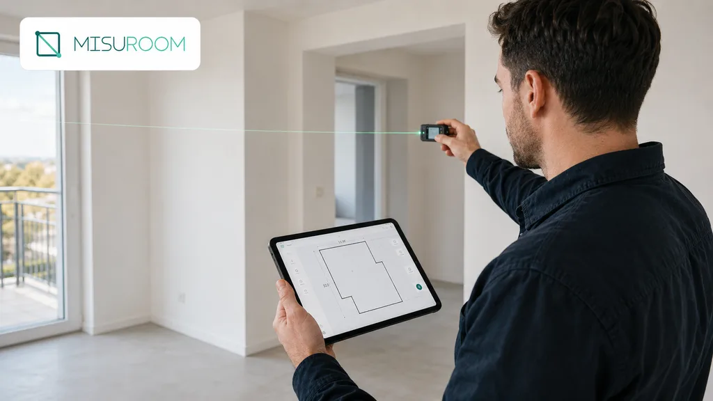 Immagine generata con IA: tecnico che rileva le misure di una stanza con distanziometro laser mentre la planimetria prende forma sul tablet