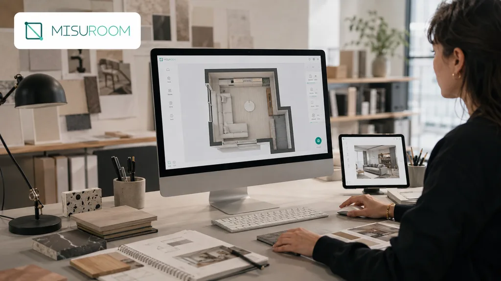 Immagine generata con IA: interior designer in studio che confronta il rendering 3D di un ambiente con la planimetria digitale
