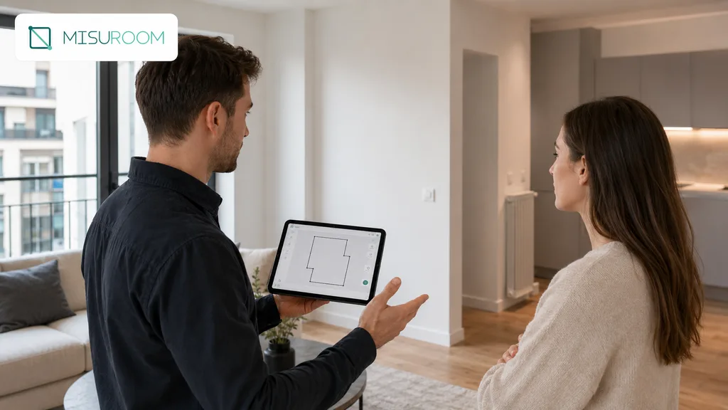 Immagine generata con IA: tecnico che mostra la planimetria su tablet a una cliente durante un sopralluogo