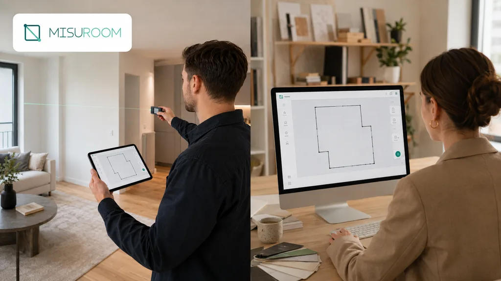Immagine generata con IA: rilievo sul campo con laser e tablet, poi revisione della planimetria generata su desktop